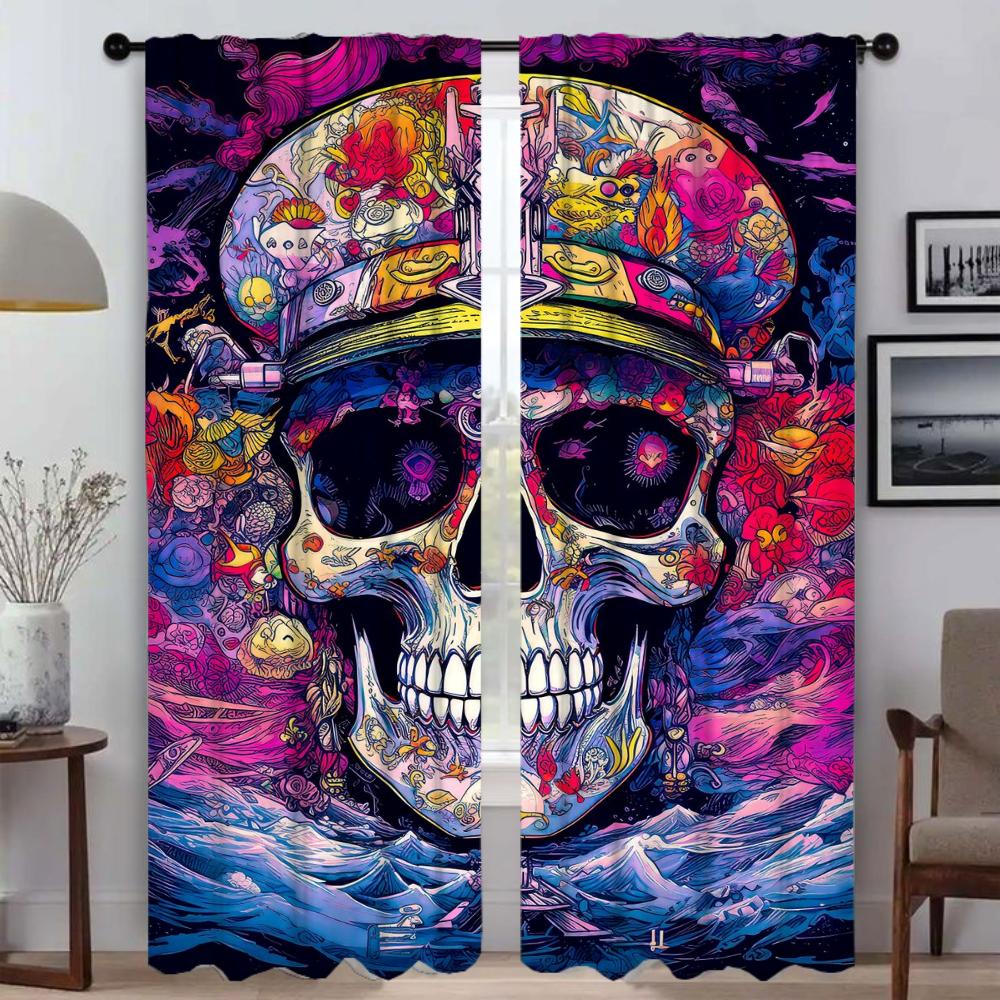 Musical Skull Kitchen Curtains for Living Room Home Interior Curtains 2 Pieces Partition Window Curtain Shades Tulle for Bedroom