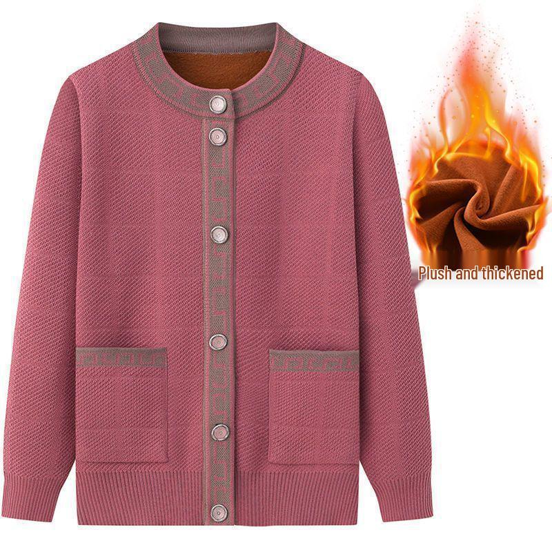 Women's Knit Cardigan with Plush Lining - Warm Autumn Coat for Middle-aged and Elderly