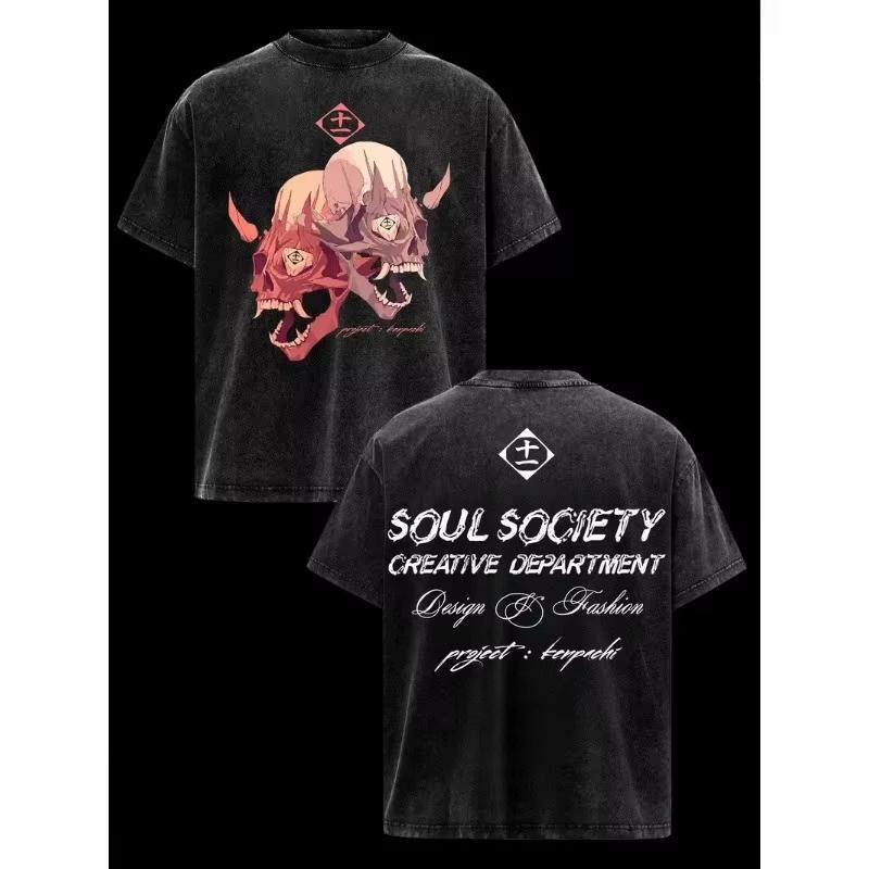 BLEACH Zaraki Kenpachi Printed Tee Men Women Washed T-shirts Loose Cotton T Shirt Summer Short Sleeve Vintage Anime Graphic Unisex Streetwear