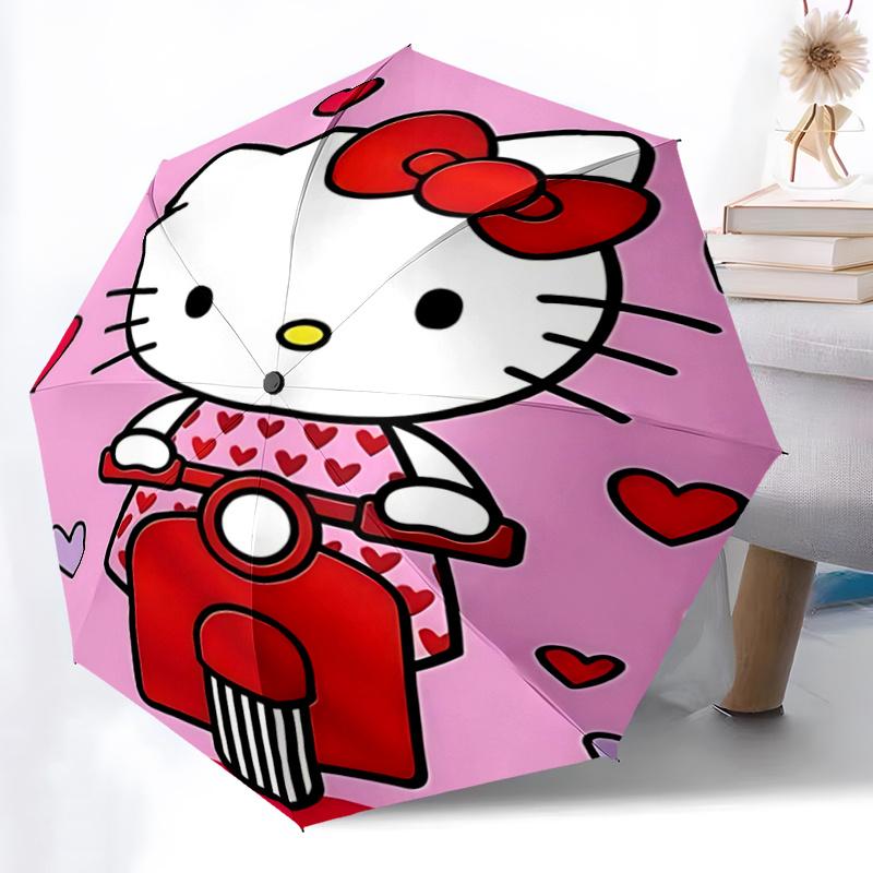 1pc Hello Kitty Heart Print Umbrella - Automatic Open/Closed, Portable Folding Design, 8-Rib Iron Frame, Outdoor, Ideal Gift for Fans, Travelers, Dail