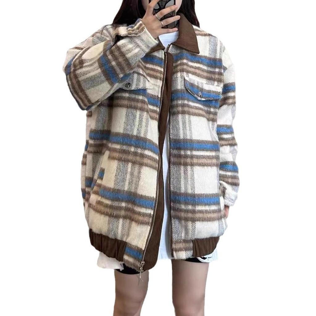 Women's Plaid Wool Coat - Loose, Casual, Versatile Jacket for Autumn/Winter 2024