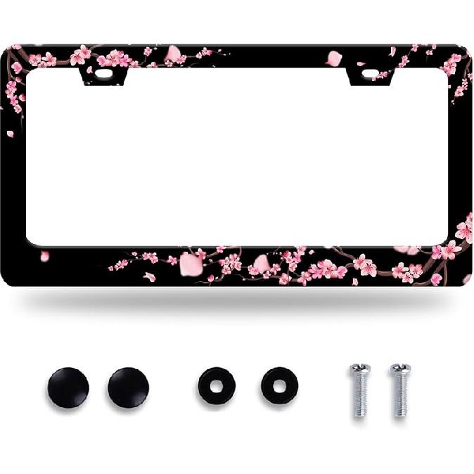 Cherry Blossom License Plate Frame Beautiful Flowers Pink License Plate Stainless Steel Funny License Plate Holder Floral Car Accessories Decoration