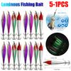 5-1PCS Laser Luminous Floating Horizontal Wood Shrimp Egi Lure Squid Jigging Shrimp Hook Octopus Cuttlefish Fishing Baits