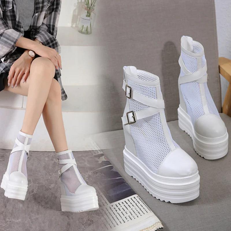 Fashion Lady Fashion High Height Increase Summer Boots Summer Platform Boots Women Breathable Genuine Leather Shoes Woman