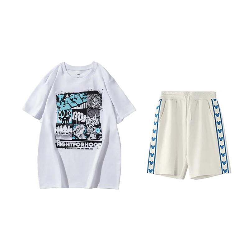Li-Ning Printed Loose Short Sleeve T-Shirt Comfortable Versatile Skin-Friendly Shorts Casual Sports Set Unisex Sets AHSUA27-1+YKSV129-1