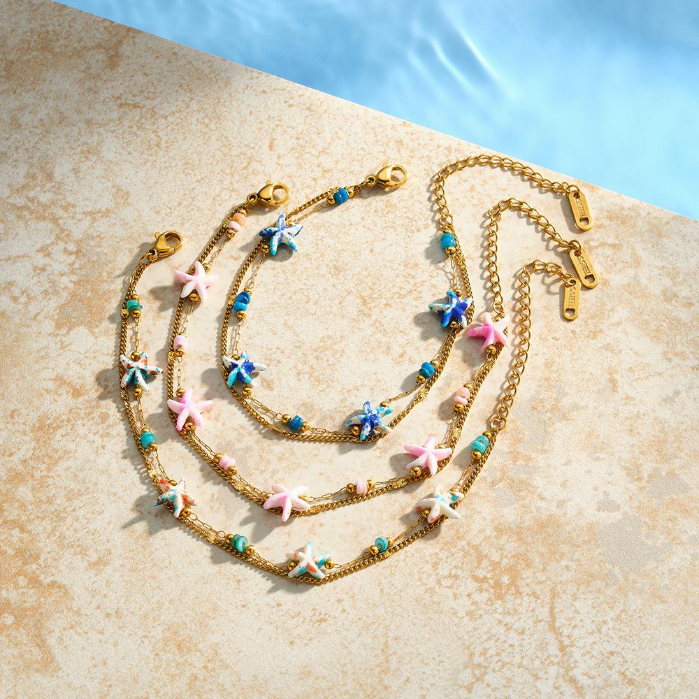 Bohemia Style Multicolour Starfish Beads Double Layer Wrist Bracelet for Women Stainless Steel Gold Color Chain Jewelry Gifts
