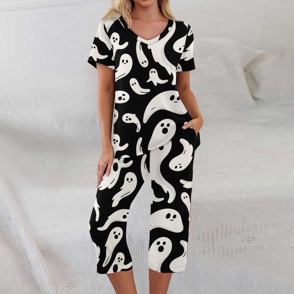 2 Piece Sets For Women Short Sleeve Top And Pants With Pockets Workout Soft Halloween Print Sets