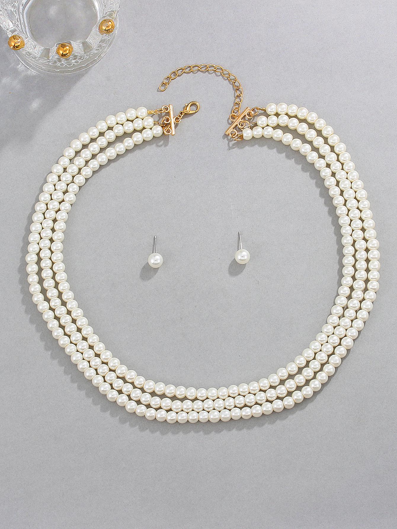 

Багатошаровий перловий набір прикрас: Європейський та американський дизайн V-подібний чокер, браслет, намисто, сережки