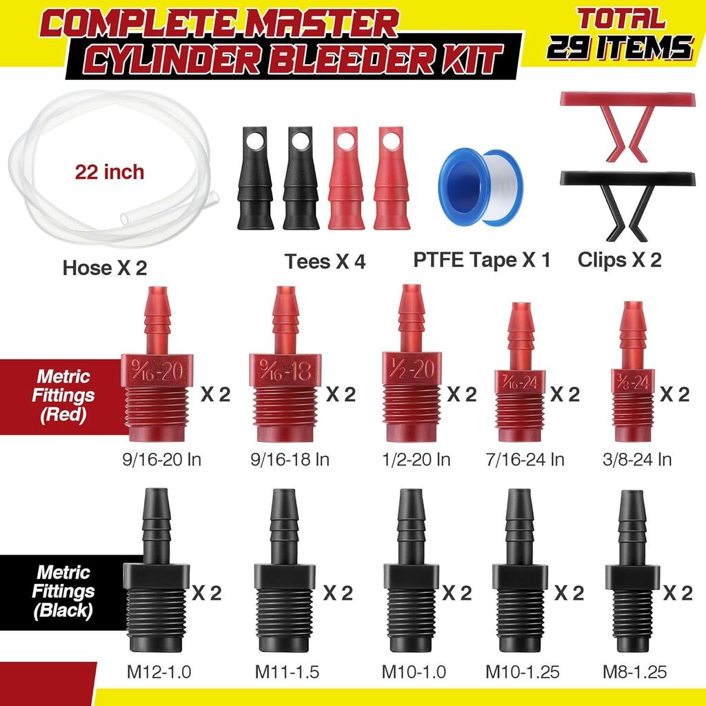 Enhon Master Cylinder Bleeder Kit Complete Brake Bleeder Kit With 22 In Clear Hose, Clip, PTFE Tape, SAE And Metric Fittings Universal Fit(29 Pcs)