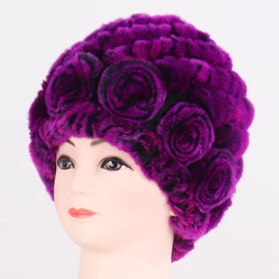 Hot Sale Winter Women Flower Striped Natural Real Fur Hats Lady Warm Knit Genuine Rex Rabbit Fur Caps Outdoor Fur Beanies Hats
