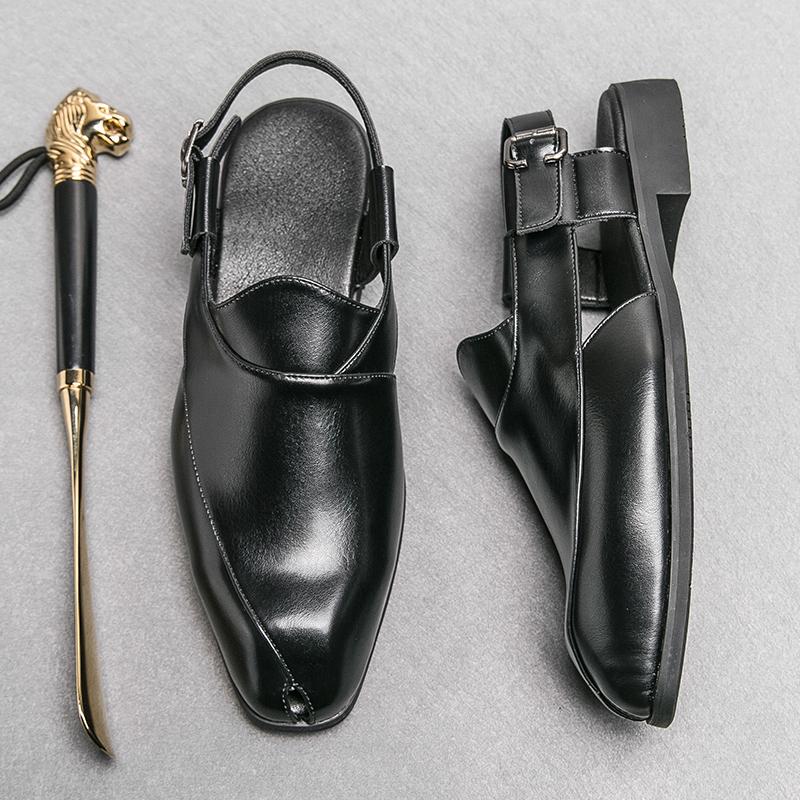 New Vintage Pointed Peep Toe Casual Leather Hollow Breathable Shoes For Men Designer Sandals Wedding Dress Formal Flats Footwear