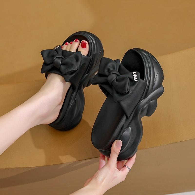 Fashion 7CM Heels Wedge Slides Sandals Female Summer Butterfly Knot Non Slip Beach Casual Outdoor Slippers Walking Chunky Shoes Woman