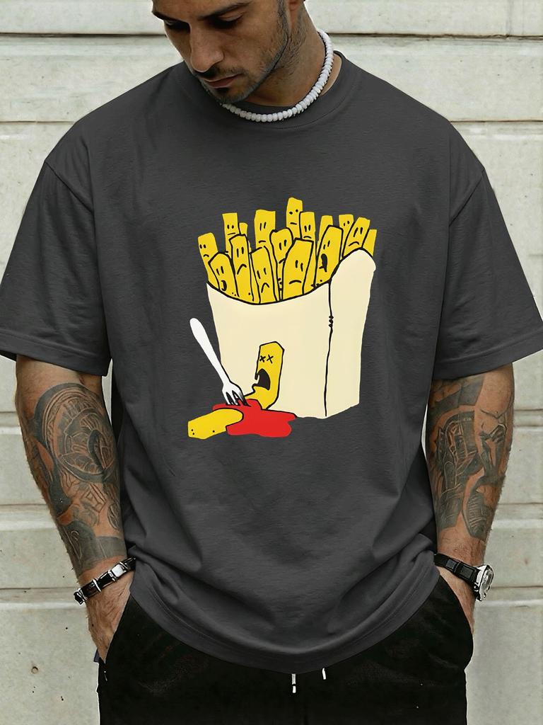 Royal Blue Unisexs Short Sleeve Top Funny Dead Fry With Ketchup Fork Comic Print Loose Fit Cotton Teen Daily Streetwear Tee