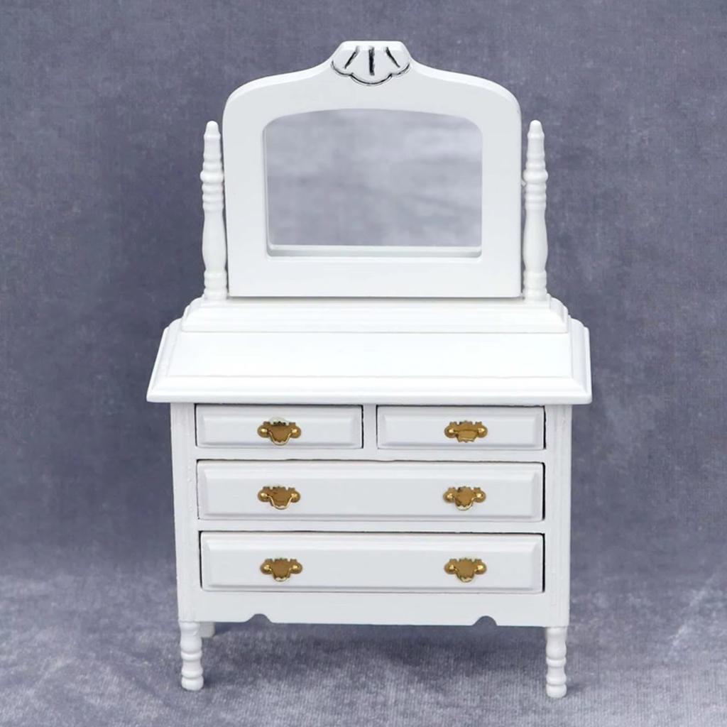Dollhouse Makeup Vanity with Mirror & Perfume Tray 1/12 Miniature Dressing Table for Dollhouse Bedroom Furniture Decoration