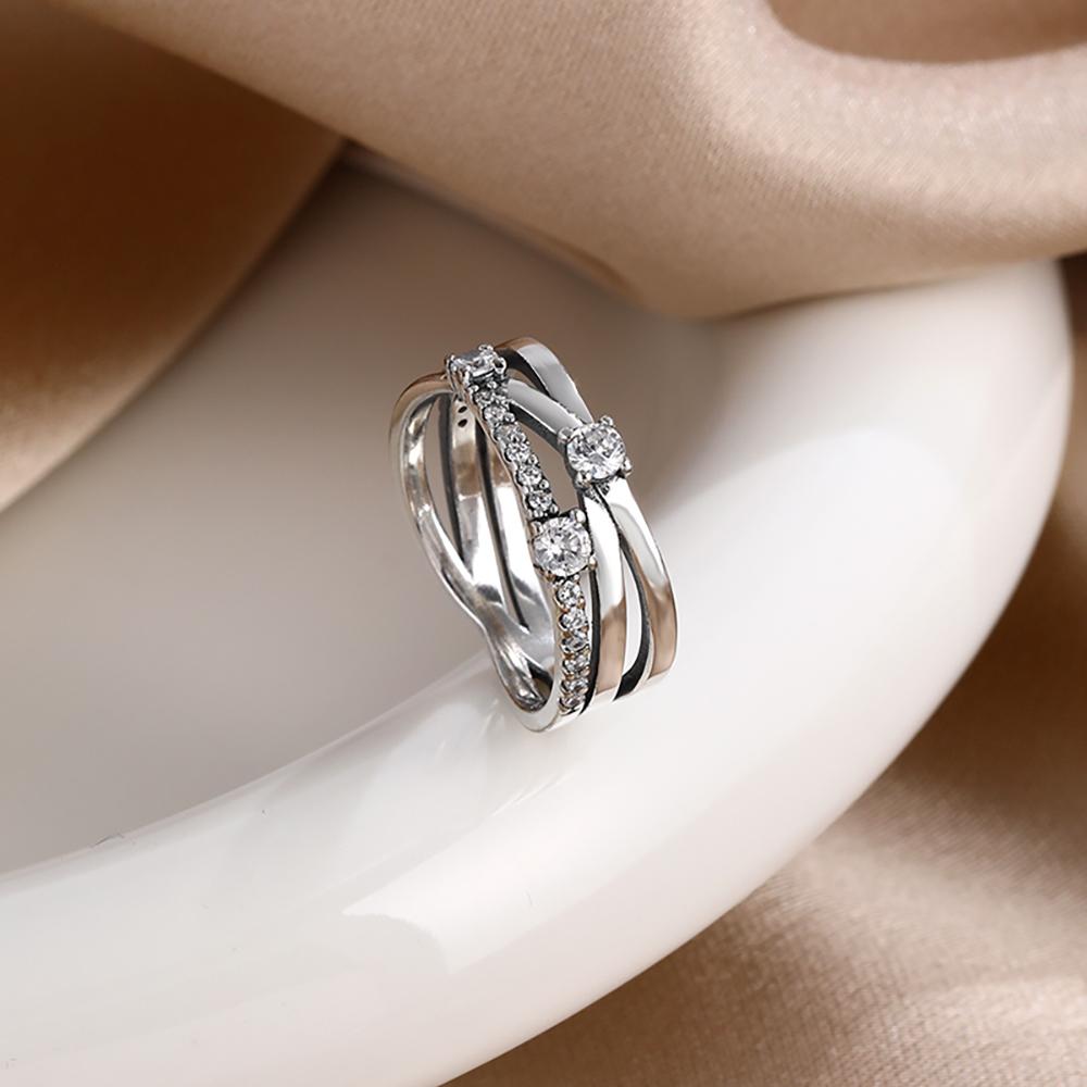 New 925 Silver Double Layer Zircon Crystal Band Ring Charm Stackable Jewelry Wedding Engagement Party Gift