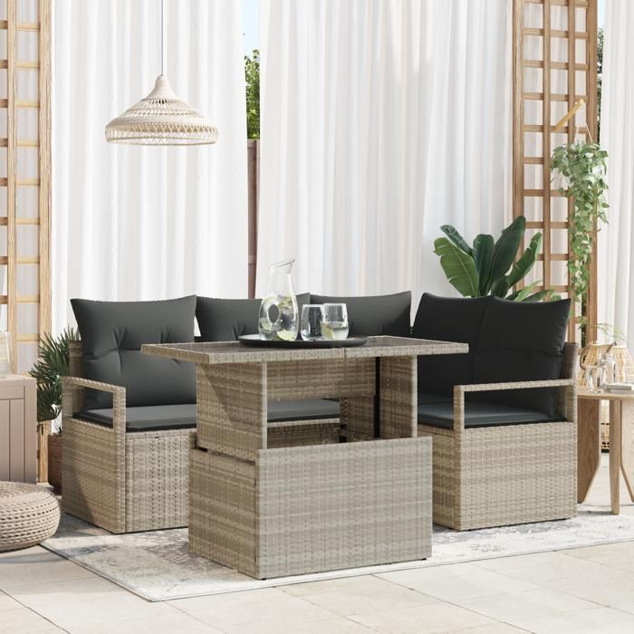 Ensemble de Canapés de Jardin vidaXL 5 pièces avec Coussins Gris Clair en Poly Rattan, Canapé de Jardin 2 Places vidaXL avec 3357555