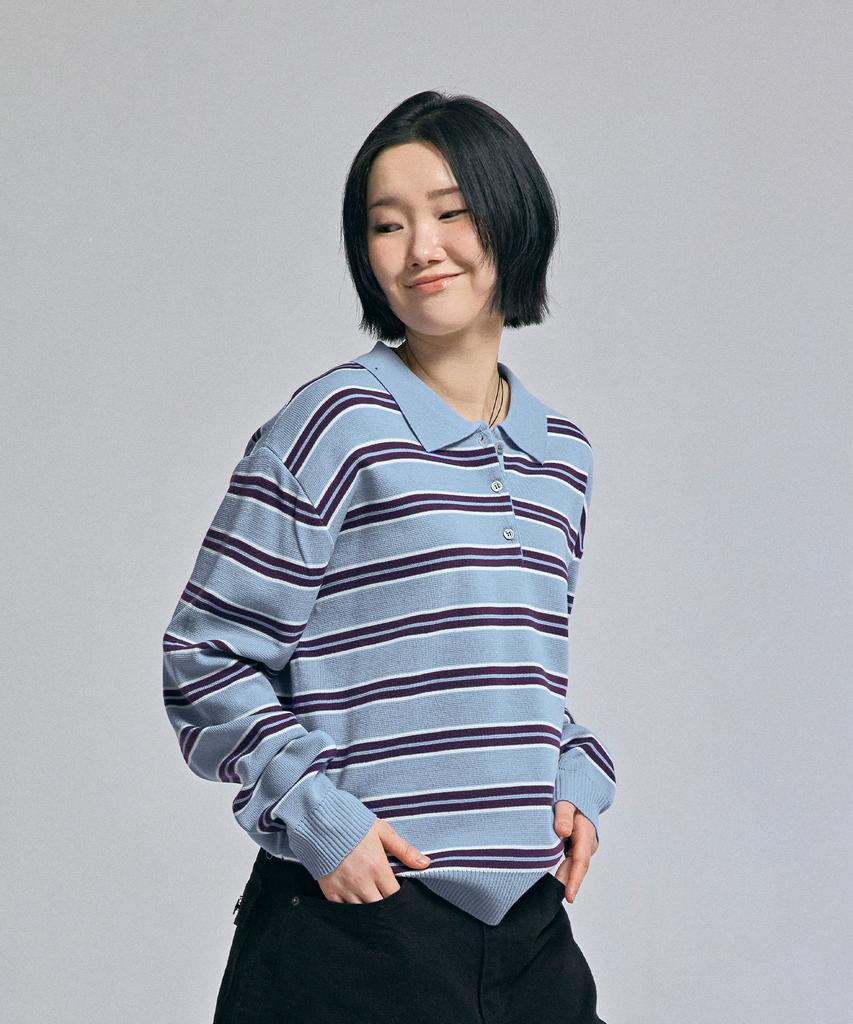 AWESOME STUDIO Multi-Stripe Collar Knit Sky Blue