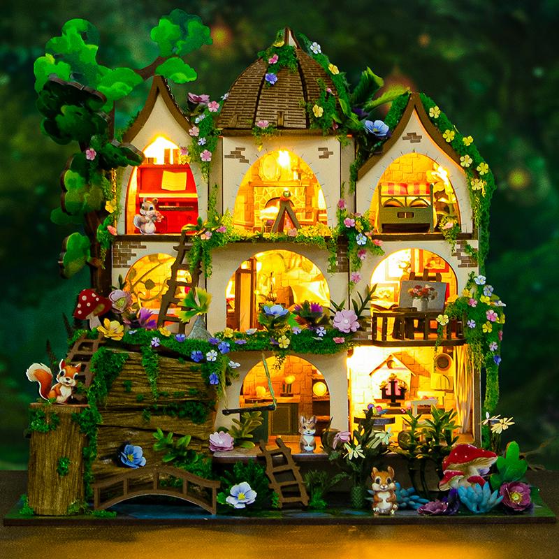 Figurines de Cottage Château Forêt en Bois DIY Miniatures Kits Maisons Assemblées Casa pour Anniversaires d'Amis Décoration de Maison Artisanat