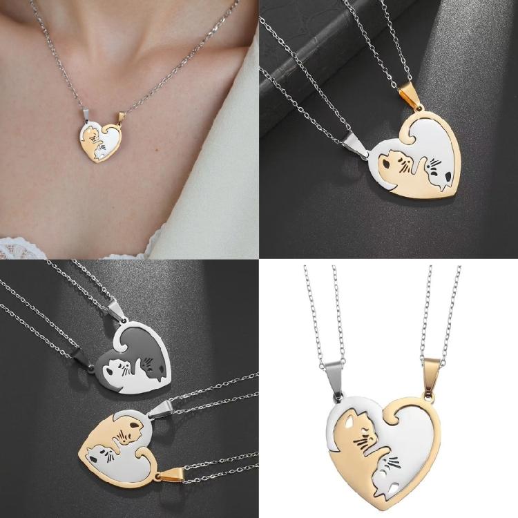 Unique Matching Kitten Necklace Titanium Steel Couple Jewelry with Secure Clasp 3.2cm Pendant Size for Daily Wear Gifting