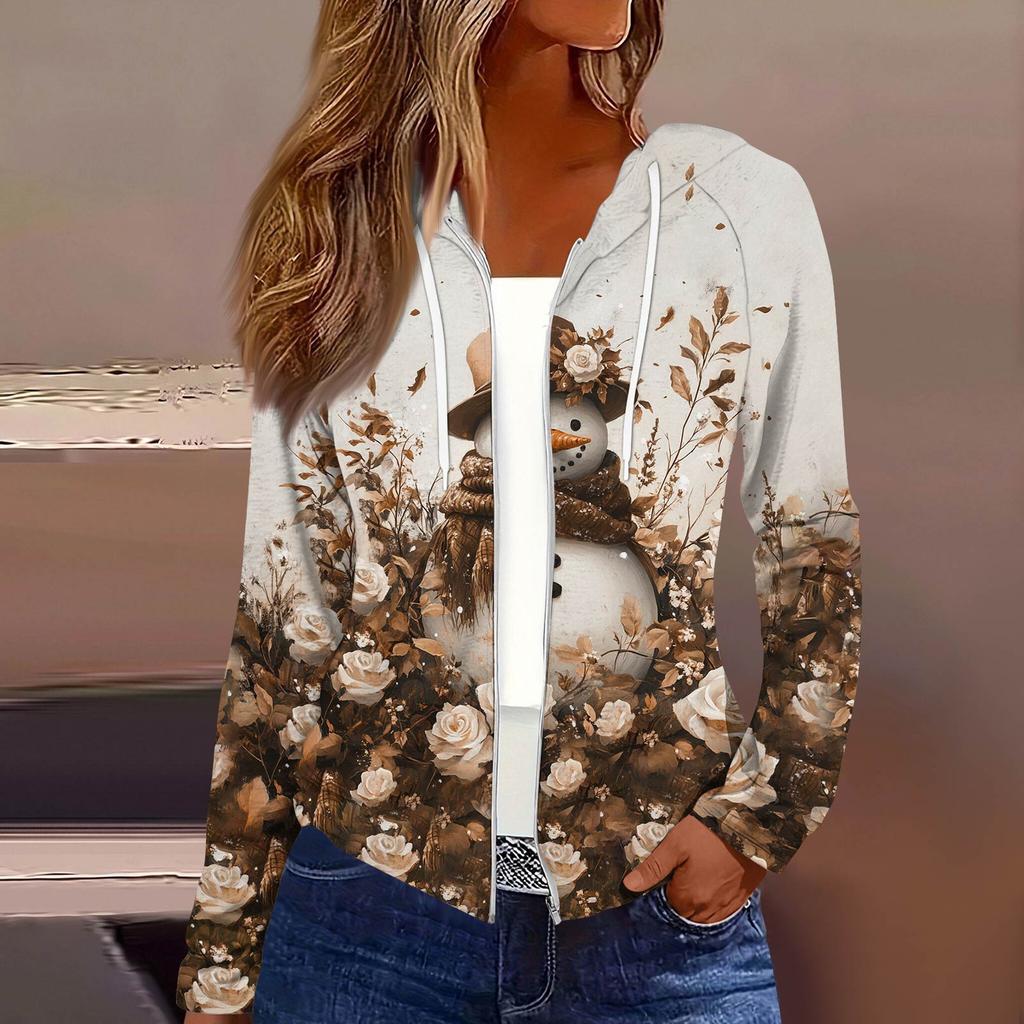 Chaqueta Casual con Capucha y Cremallera de Manga Larga con Estampado Navideño de Moda para Mujer