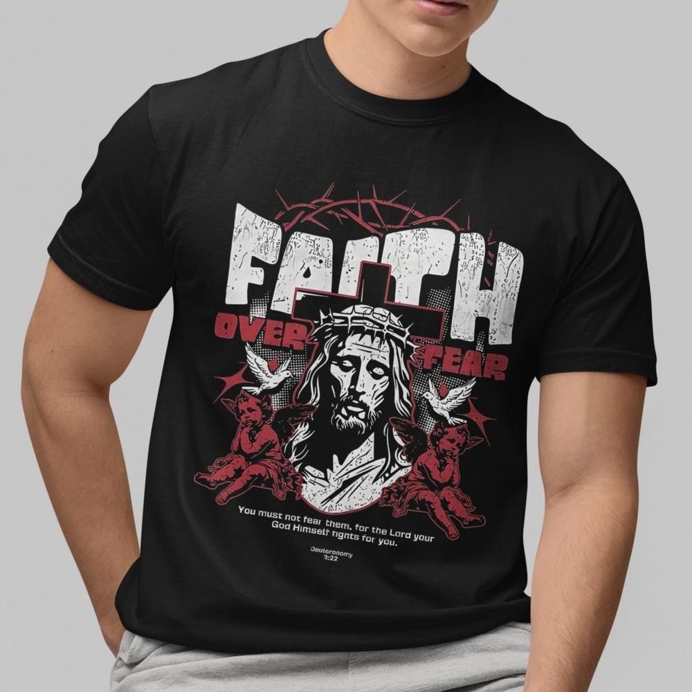 Faith Over Fear Christian T-Shirt Jesus Cross Religious Graphic Tee Unisex Top