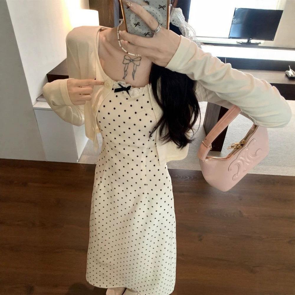 Fresh and sweet polka dot bow wear suspender dress women's summer new sunscreen clothes cardigan two-piece set