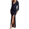 Women Long Sleeve V-neck Sequined High Split Evening Dress
