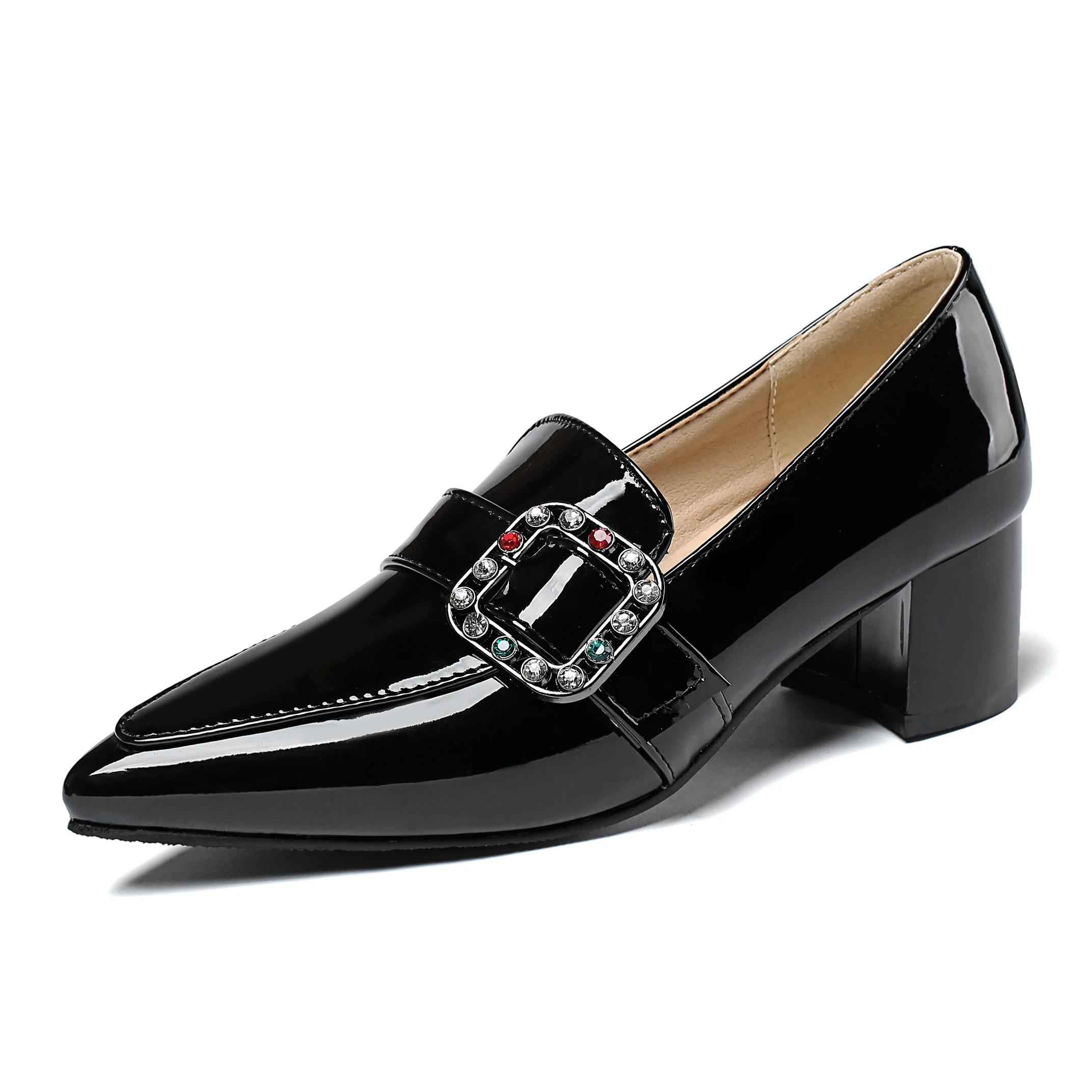 

Женские лоферы с хрустальной пряжкой, зеленые, черные, лакированная кожа, средний блочный каблук, вечернее платье, офисная леди, британские, розовые пуанты 43 чёрный