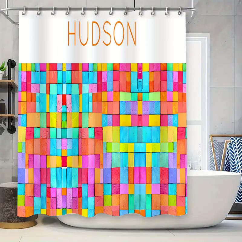 

Brightly Colored Blocks Shower Curtain Customized for Kids Bathroom Decor 3D Printed Waterproof Bath Mat Set with Hooks, Persona 90x180cm