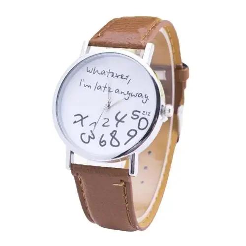 Women Whatever Im Late Anyway Letter Round Dial Faux Leather Strap Quartz Watch Fashion Letters Numbers Adjustable Women's Watch