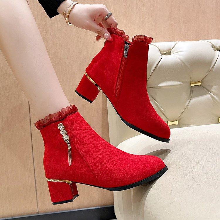 Boots Women - Round Toe Tassel Furry Lined Mid Heel Ankle Boots Diamond Decor Zip Side