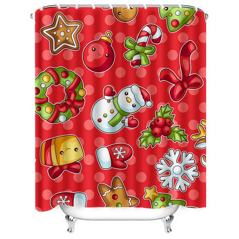 Tu Festive Christmas Shower Curtain Holiday Bathroom Decor Reindeer Snowman Pattern Waterproof Fabric Backdrop Xmas Home Textile