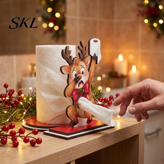 Christmas Gift for Kitchen Paper Towel Holder, Funny Snowman Elf Santa Claus Tissue Decorative Holiday Storage Stand Dispenser, Wooden Standing