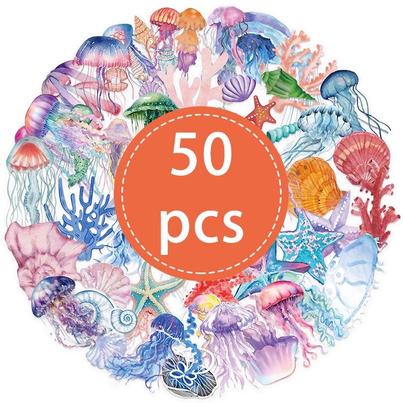 

50PCS Jellyfish Stickers Transparent Holographic Ocean Animal Decal Waterproof for Water Bottles Scrapbooking Laptop Luggage Cup