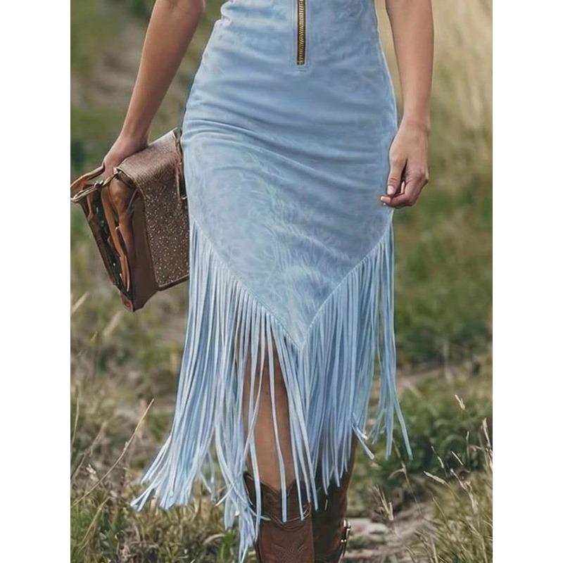 Women s V Neck Sleeveless Fringe Midi Dress Solid Color Zip Up Western Style Bodycon Party Dress S