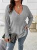 Women's V Neck Long Sleeve Knit Top Loose Fit Casual Solid Color Ribbed Plus Size Sweater Tunic