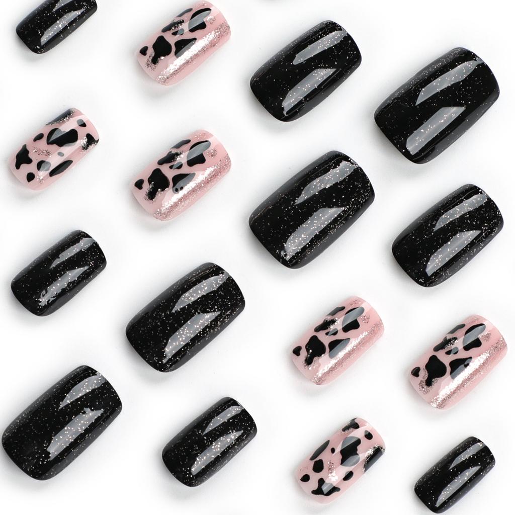 New Gold Glitter Striped Nail Art Fake Nail Cow Pattern Nail Piece Black Solid Color Nail Patch