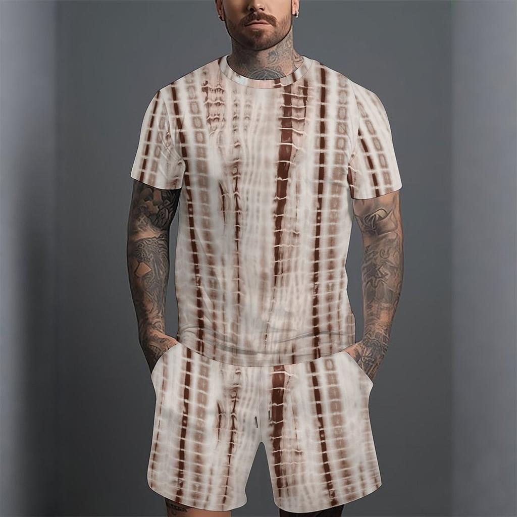 Men Black Gold Swirl Texture Split Print Short Sleeve Tee And Matching Shorts Two Piece Suit