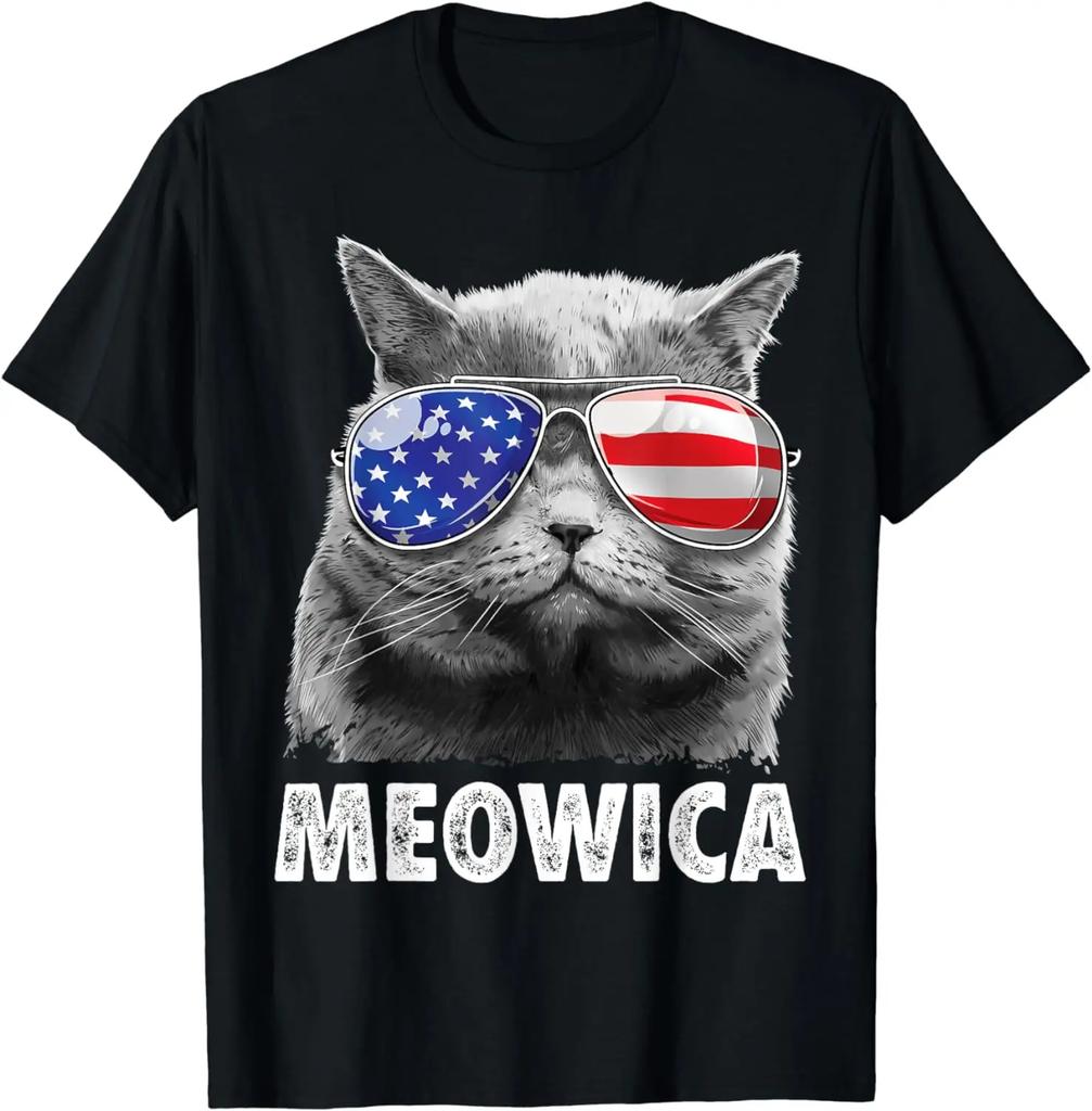 Cat 4th Of July Meowica Girls Boys American Flag Sunglasses T-Shirt