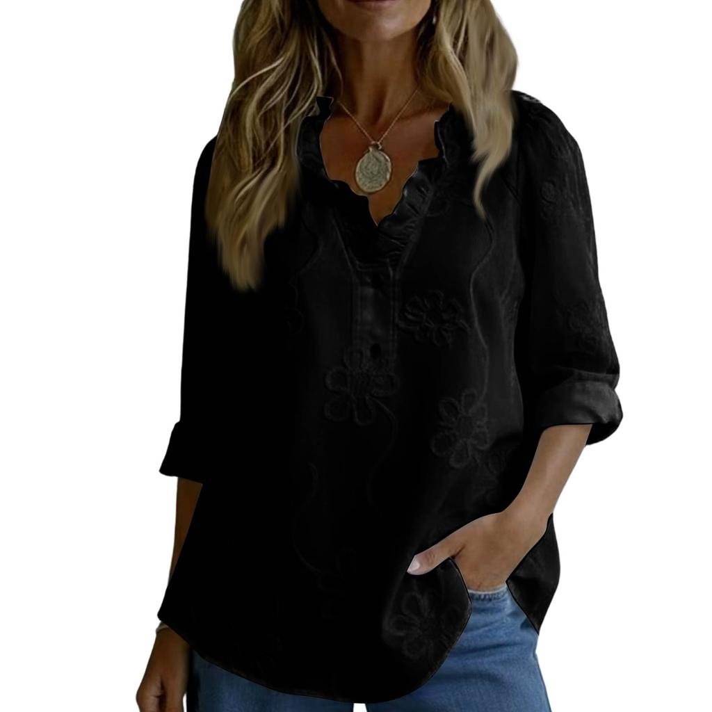 Loose Casual Vintage Button Floral Embroidery Ruffle Edge Long Sleeve Shirt Blouse for Women Lightweight Breathable Top