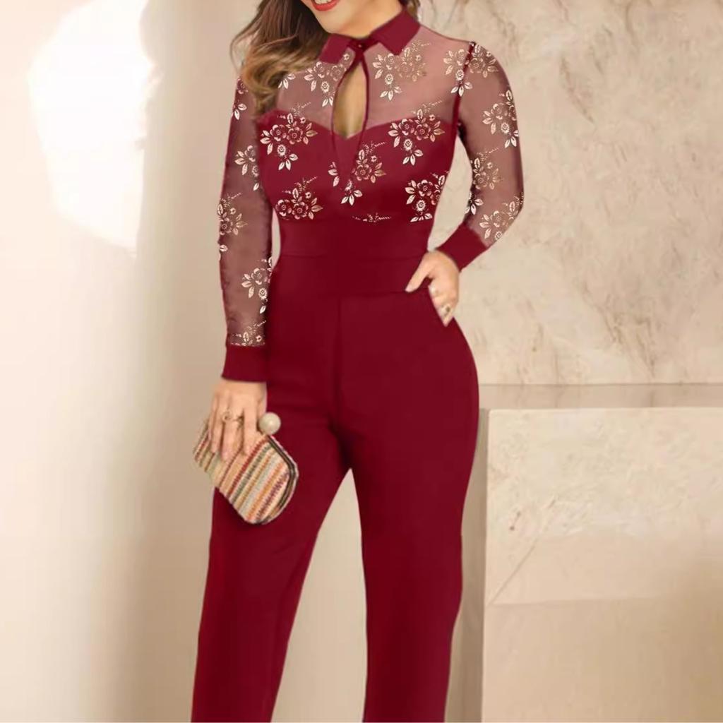 GMXIA Damen Spitze Langarm Bronzefarbener Jumpsuit