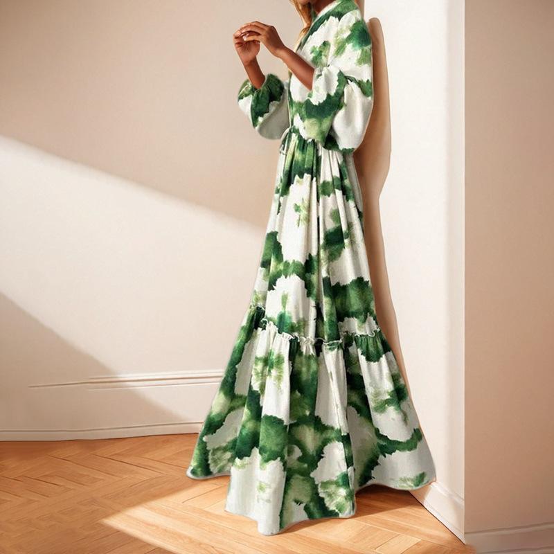 Long Sleeve Maxi Dresses for Women V Neck Smocked Boho Floral Tiered Swing Flowy Wedding Guest Dress Women's Chiffon Flowy Beach Party Long Dresses