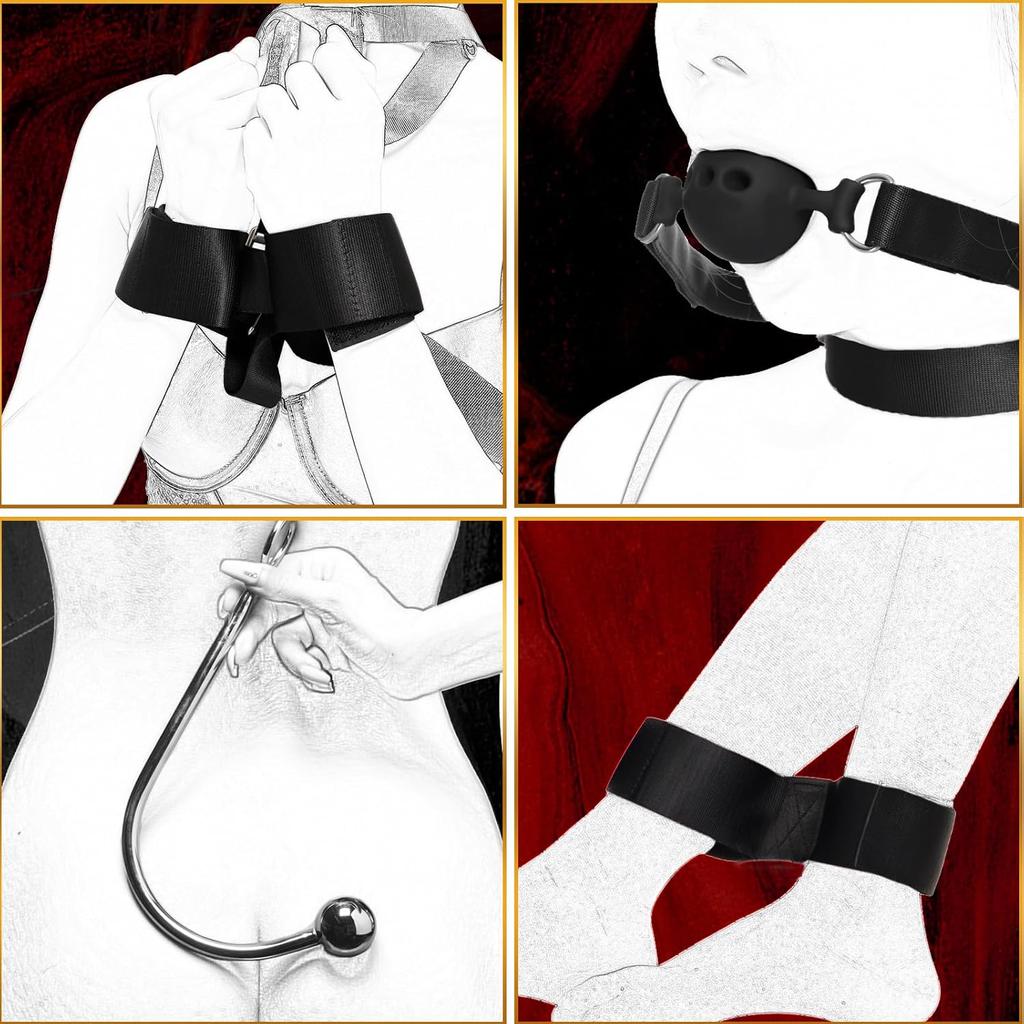 Bondage Restraints BDSM Sex Toys - Restraints Kit Neck To Wrist, Adjustable Handcuffs Ball Gag & Sex Collar with Chain for SM Bedroom Bondage