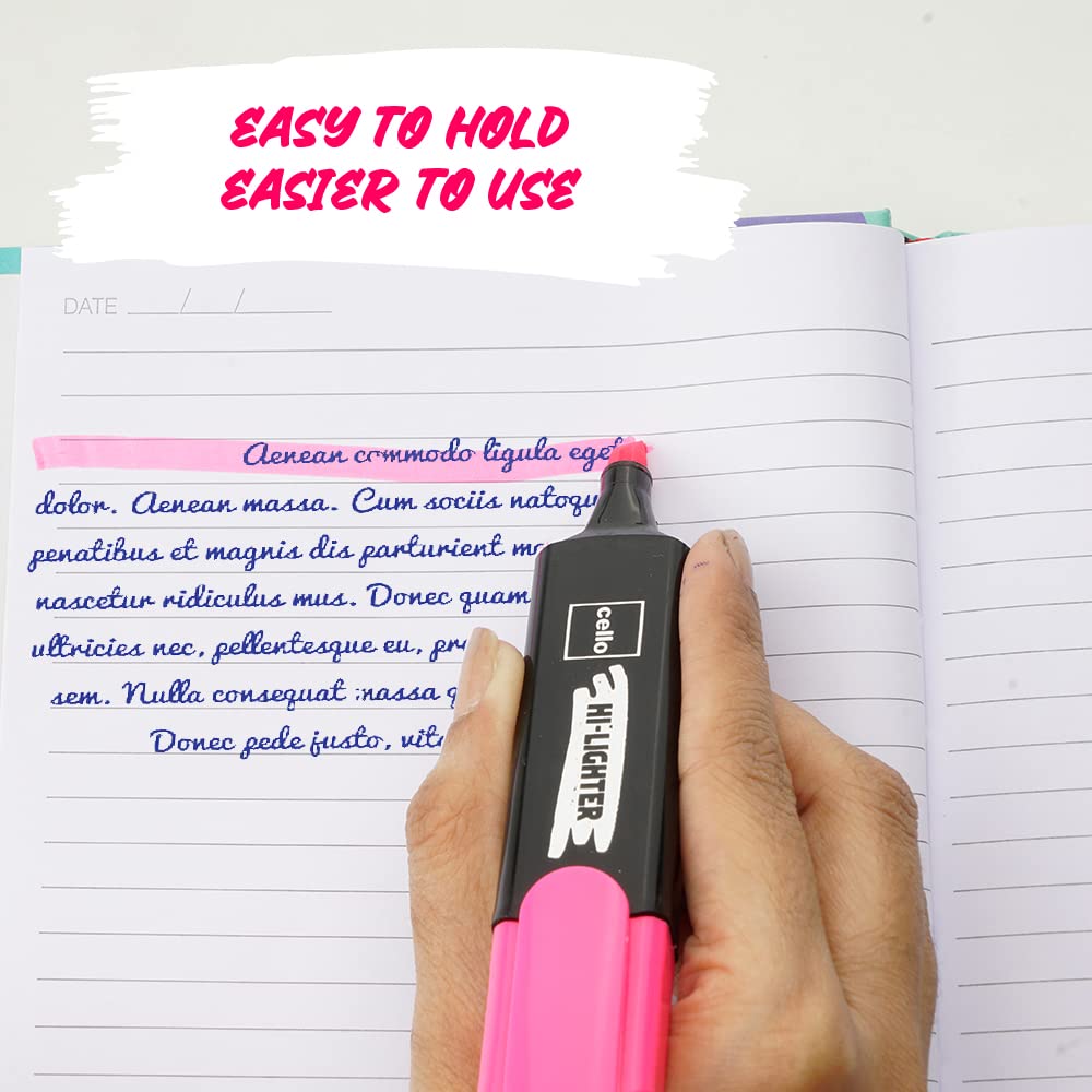 CELLO Highlighter Pack Of 1 X 5 Multicolor Chisel Tip Fluorescent Ink Markers For Office School Study Notes And Documents