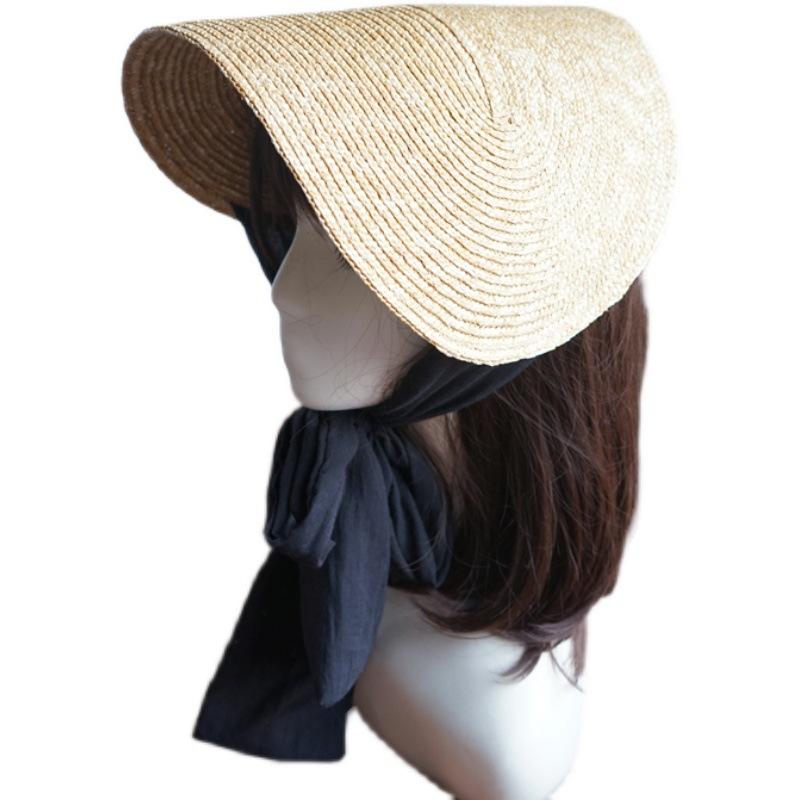 French Retro Elegant Loli Japanese Black One-Piece Lace-Up Straw Straw Hat Women'S Summer Sunshade Vacation Photo