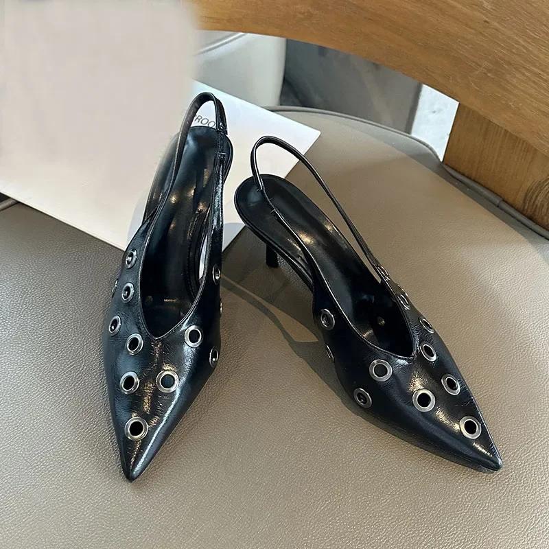Fashion Elegant Pointed Toe Back Strap High Heels Women Fashion Metal Decoration Brand Designer Shoes Comfortable Shallow Dress Shoes