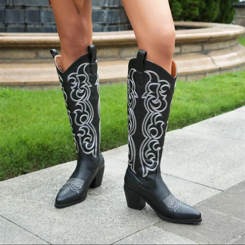Fashion IPPEUM Cowboy Boots Red Embroider Knee High Chunky Heel Cowgirl Women Western Shoes