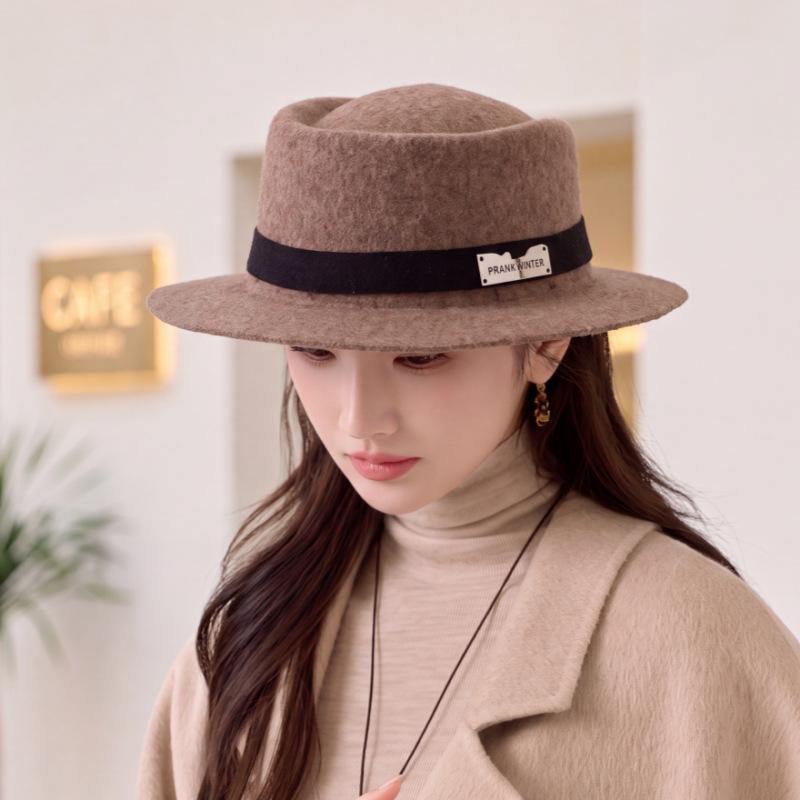 Autumn and winter new wool jazz hat women's retro elegant black flat top wide brim top hat versatile warm hat