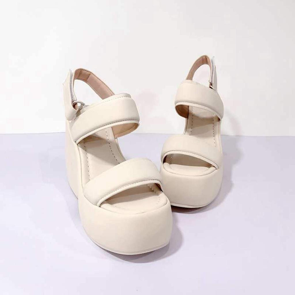 Krazing Pot Sheepskin Peep Toe Thick High Heels Platform Summer Shoes Hook Loop Casual Women Sandals