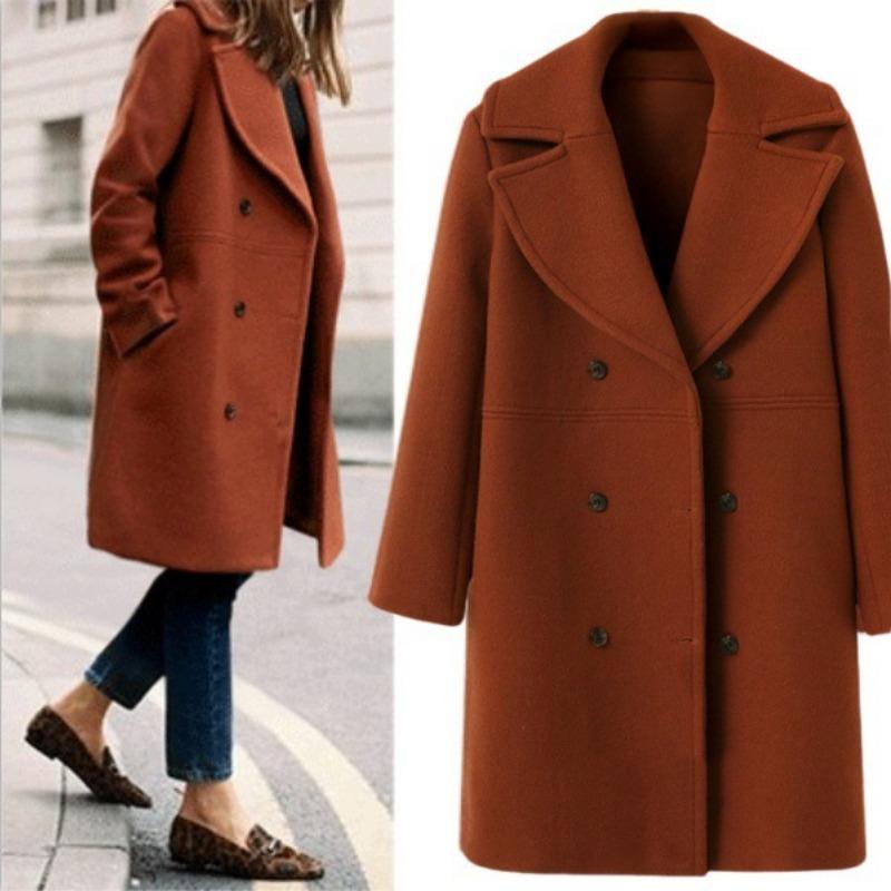 Women Plus Size Mid Length Woolen Long Sleeve Overcoat Casual Outerwear